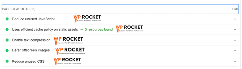 Exemplu de avertismente de la PageSpeed Insights care pot fi remediate datorită WP Rocket - Sursa: PageSpeed Insights