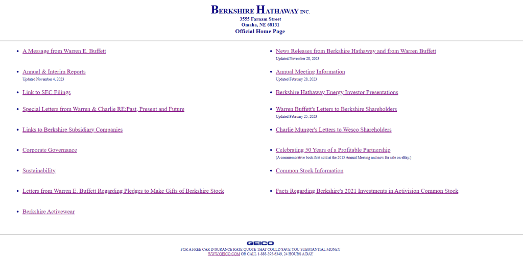 Sprawdź stronę internetową Berkshire Hathaway, na której praktycznie nie ma palety kolorów marki (źródło)