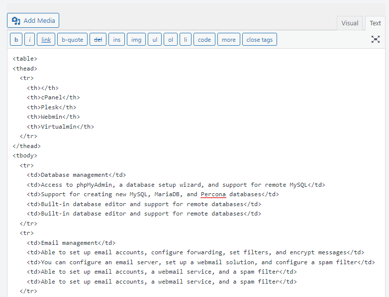 将表格 HTML 添加到 WordPress