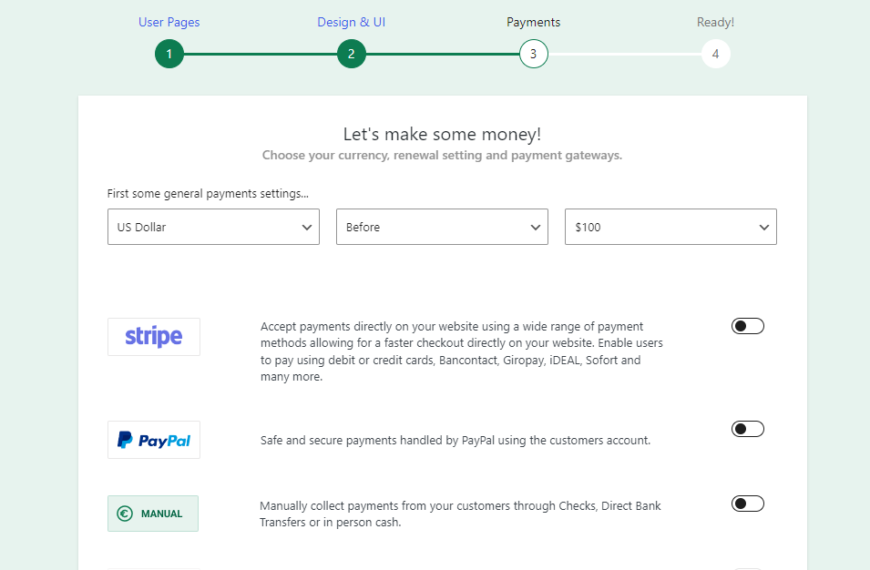 configurações de pagamento