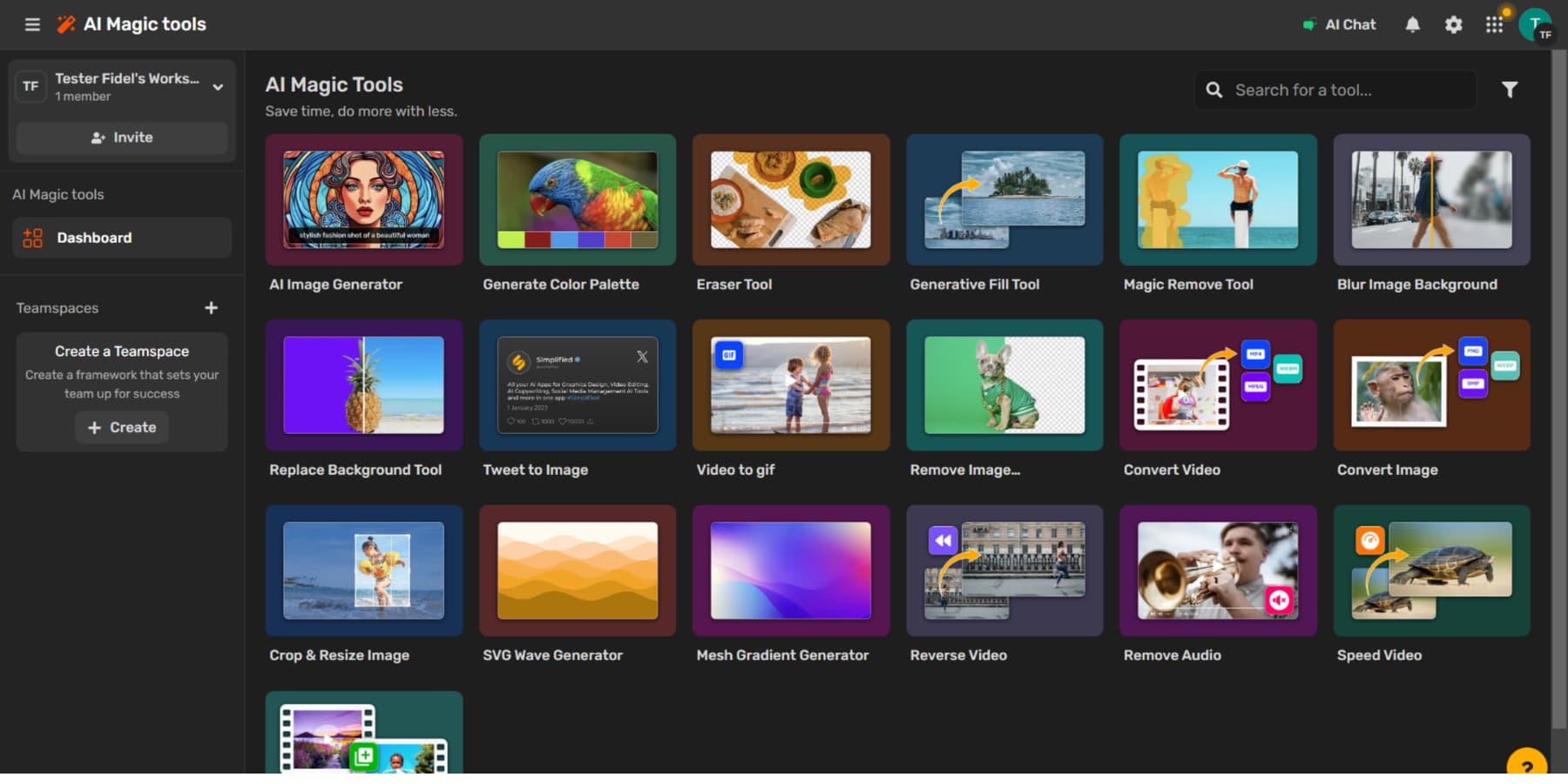Uno screenshot della selezione degli strumenti AI di Simplified