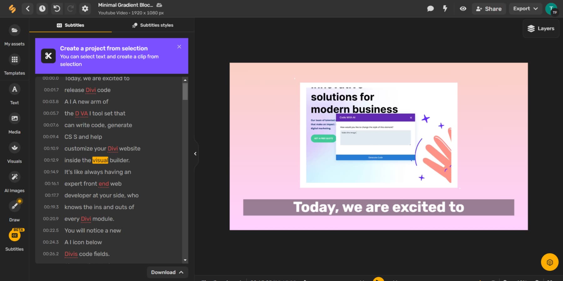 Uno screenshot dello strumento di sottotitolazione AI di Simplified