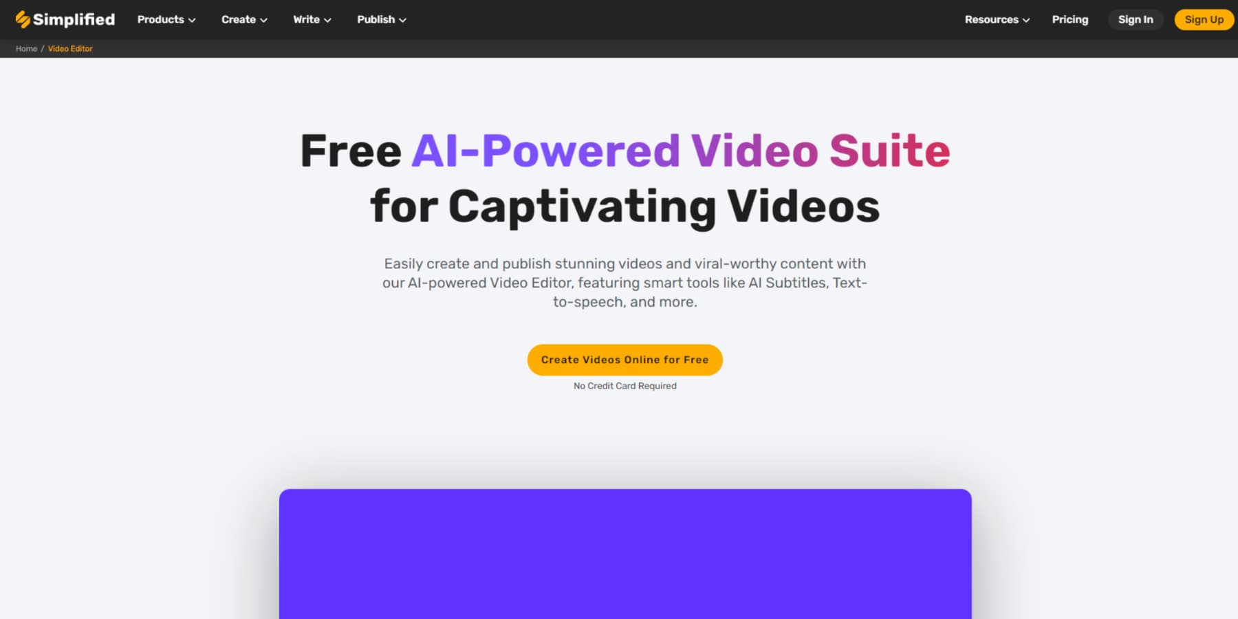 Uno screenshot della pagina di destinazione dell'editor video AI di Simplified