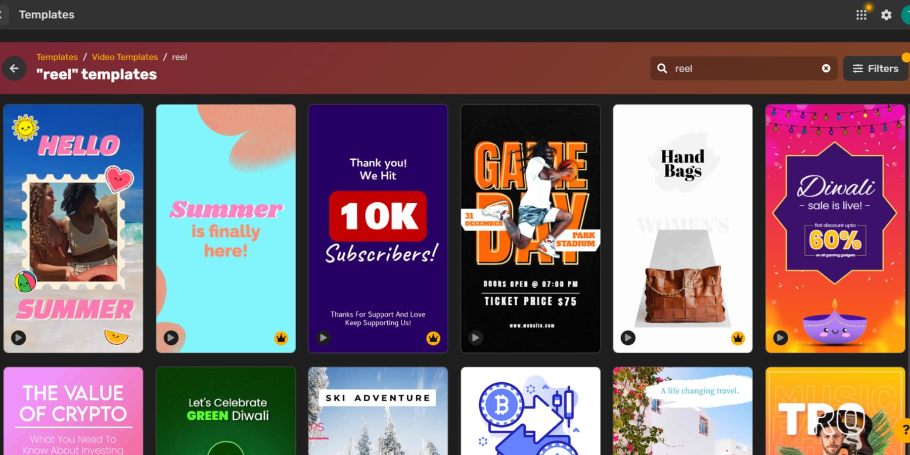 Uno screenshot dei modelli di reel di Simplified