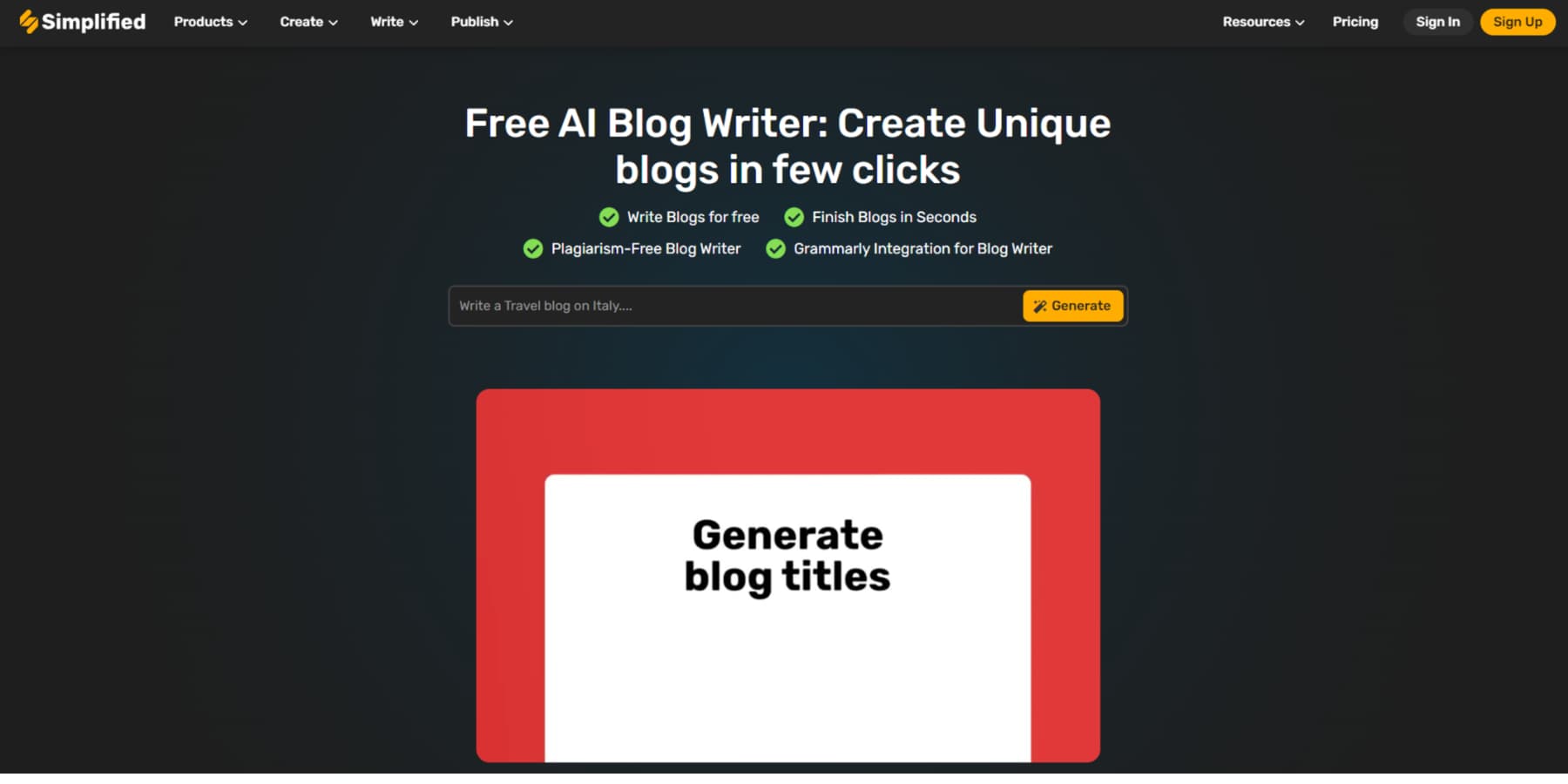 Uno screenshot della pagina di destinazione di AI Blog Writer di Simplified