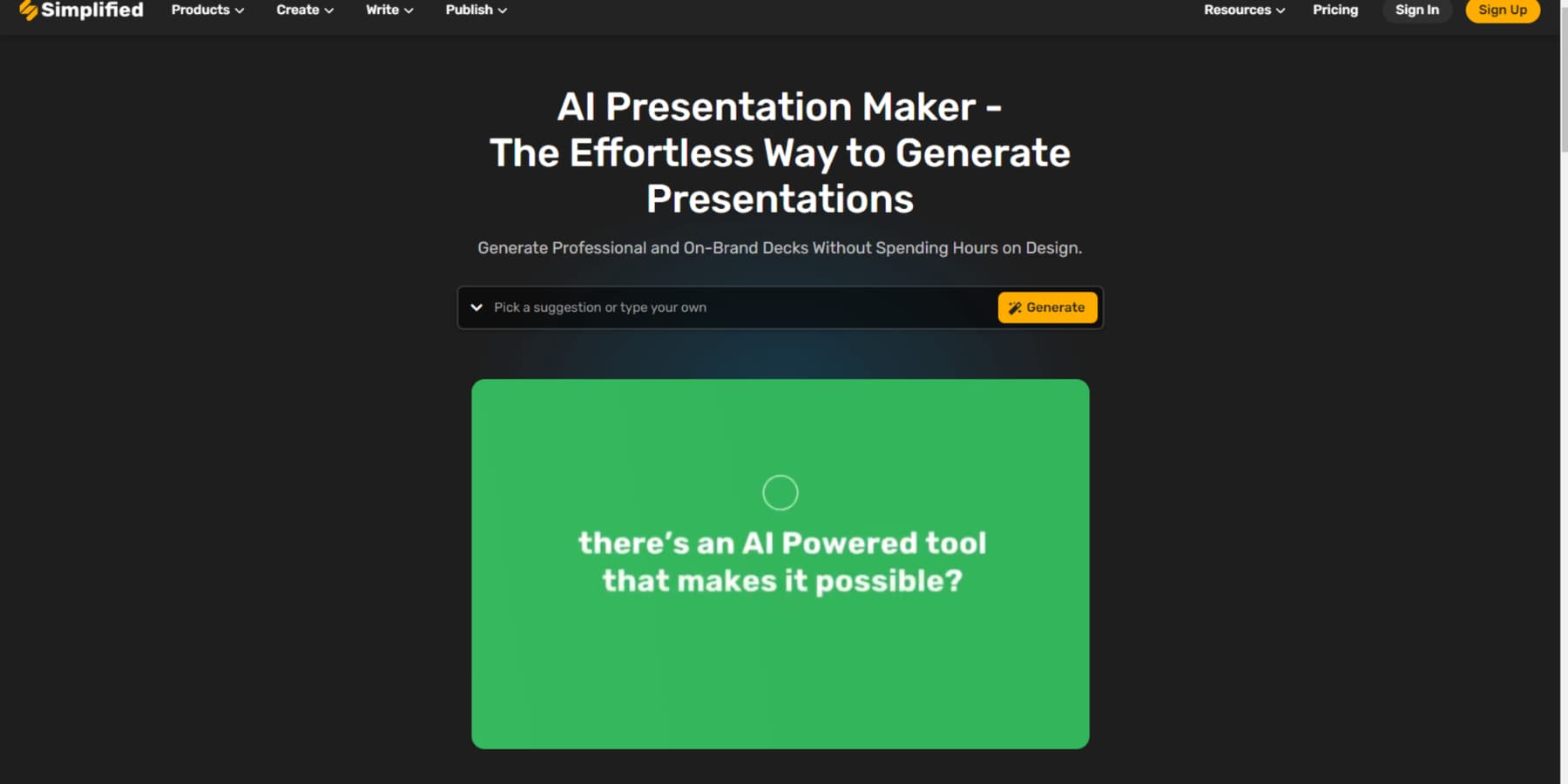 Uno screenshot della pagina di destinazione di AI Presentation Maker di Simplified