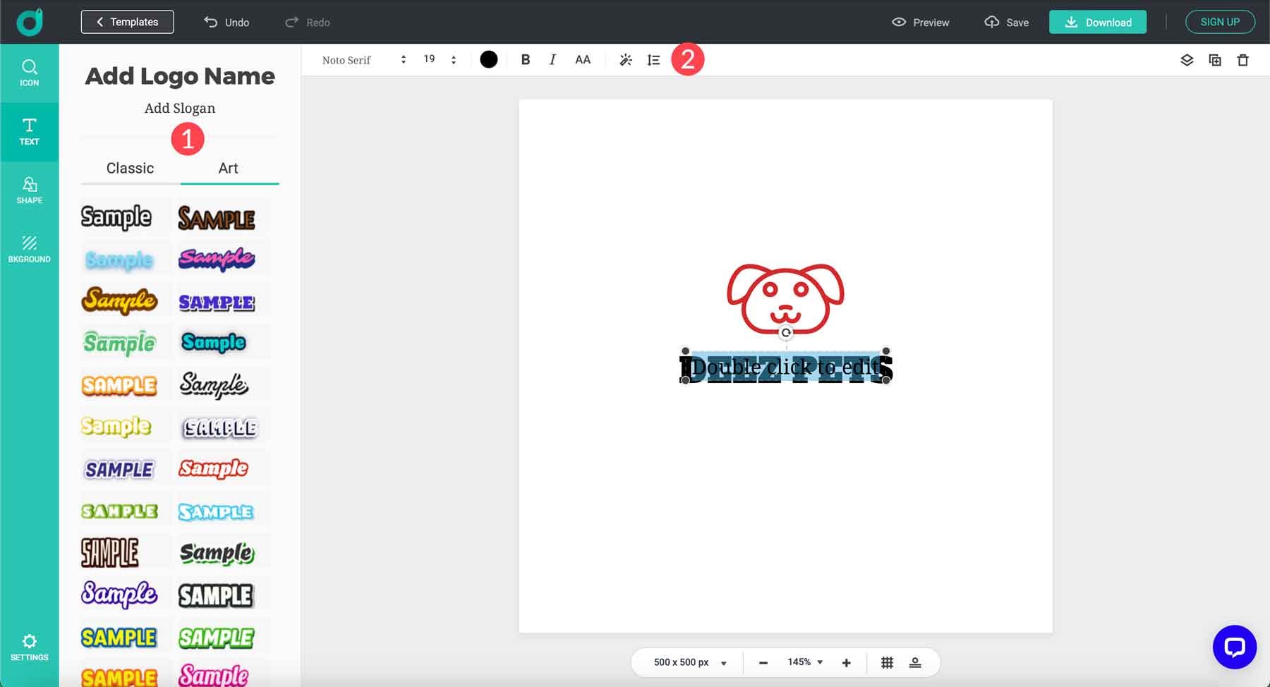 DesignEvo-Textoptionen