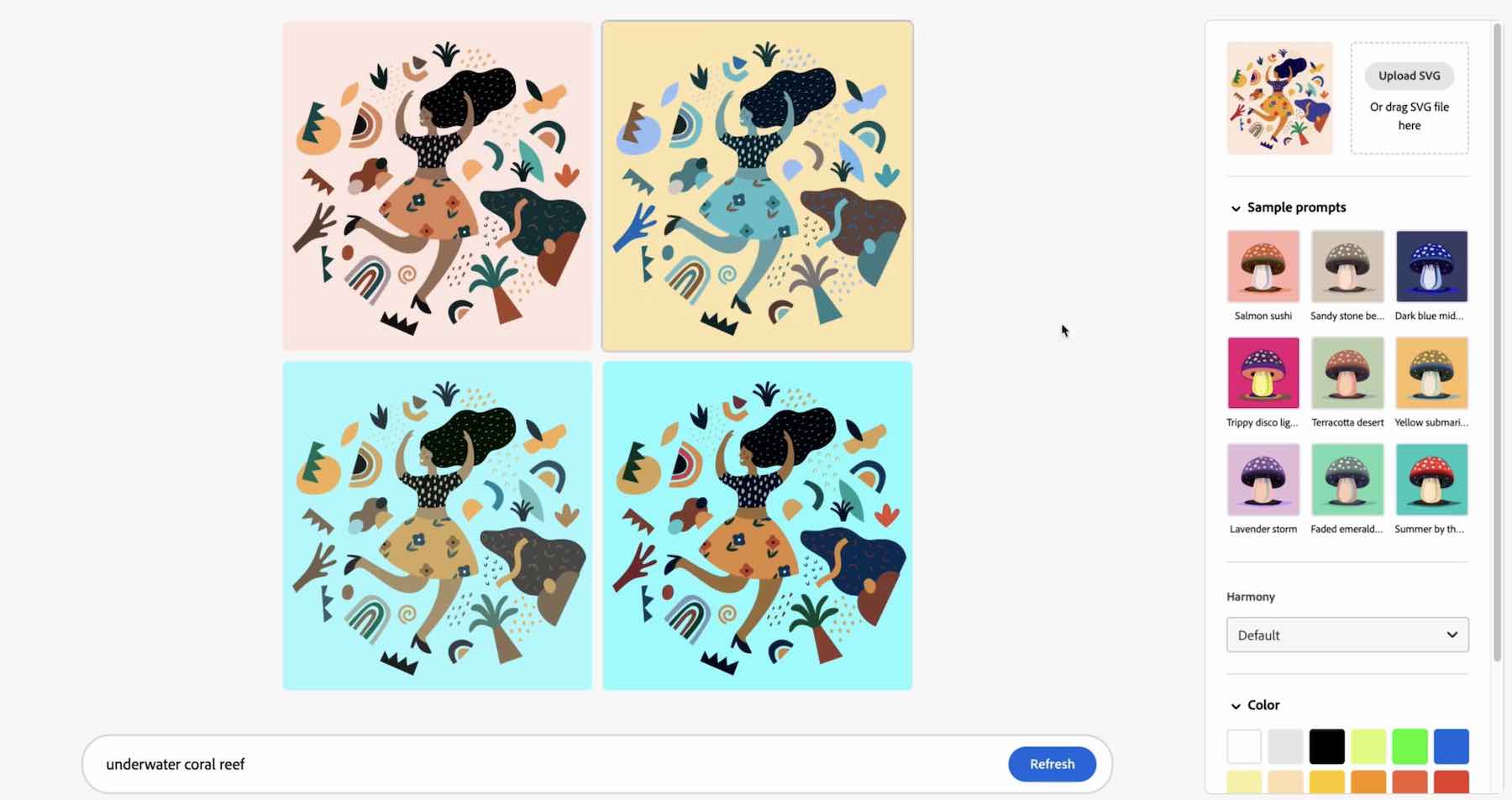 Fitur pewarnaan ulang generatif Adobe Illustrator menampilkan variasi 4 warna