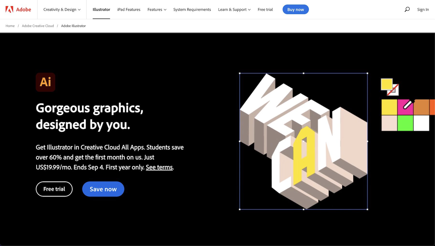 Halaman beranda Adobe Illustrator dengan promosi khusus bulan Agustus