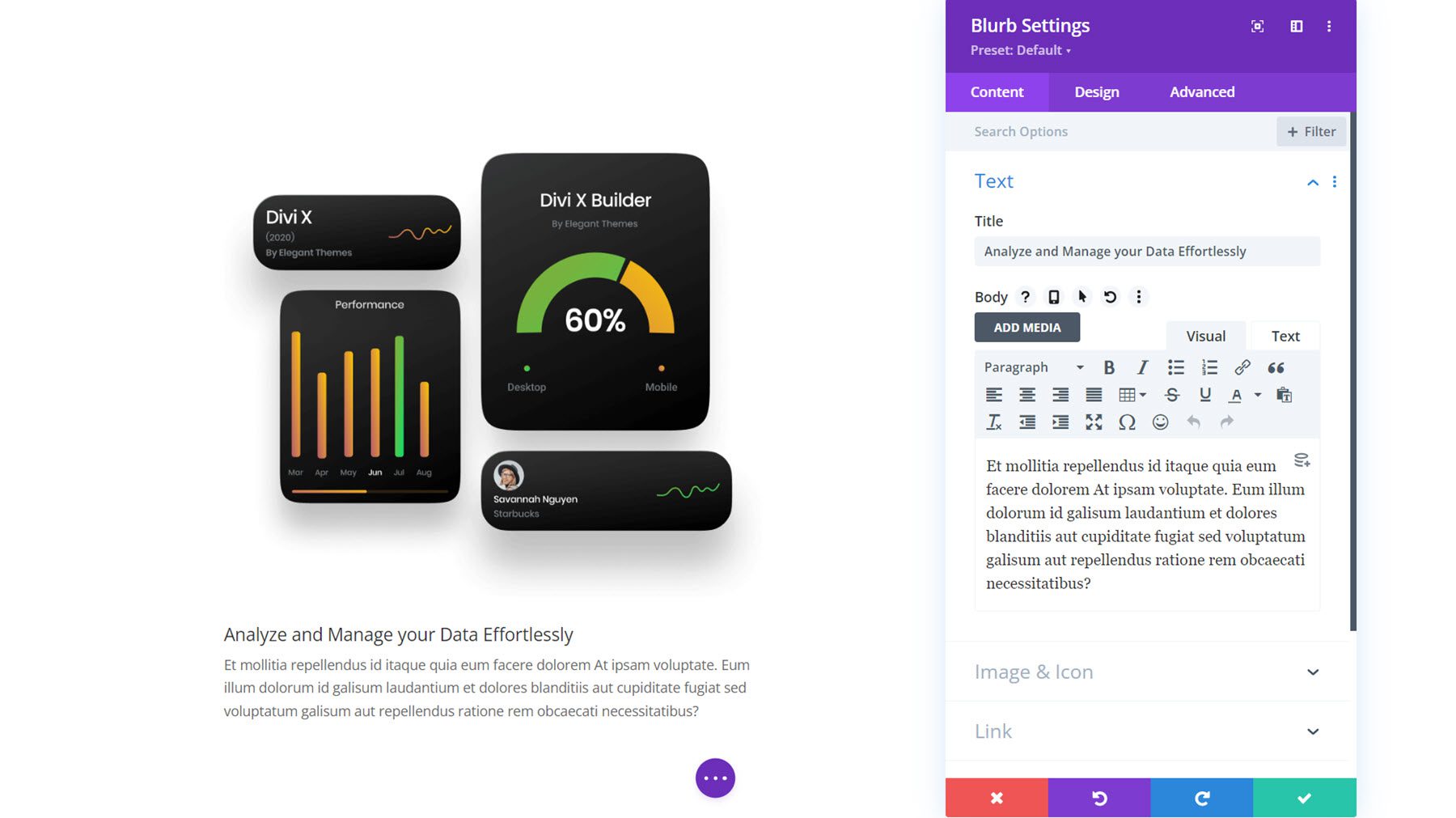 Divi テキストと画像を追加してフローティングブラーブモジュールを作成する方法
