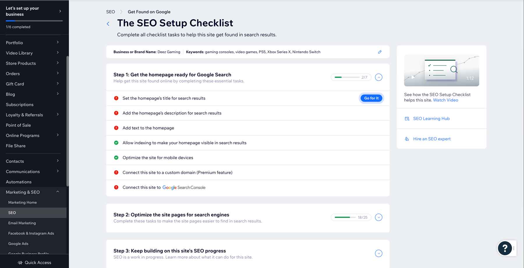 Lista de verificação de SEO Wix