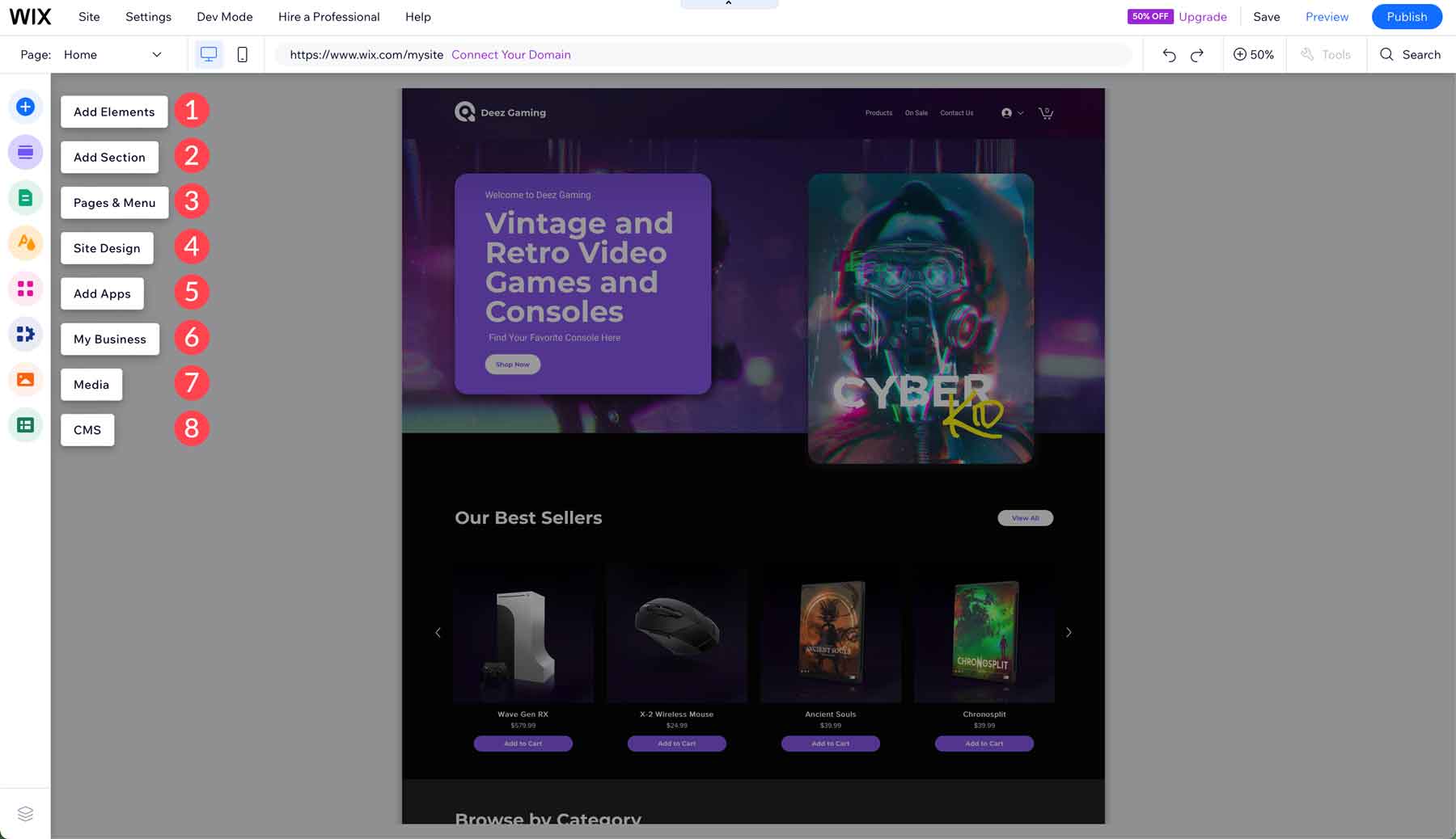 Interface do construtor de sites Wix