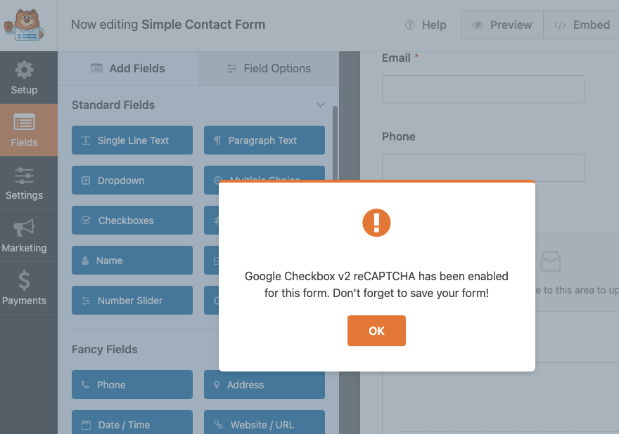 Recaptcha habilitado em WPForms
