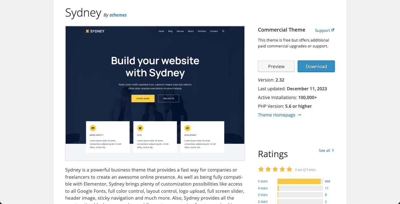 Cele mai bune 10 teme Elementor WooCommerce cu comparația 6 Sydney theme for Elementor and WooCommerce