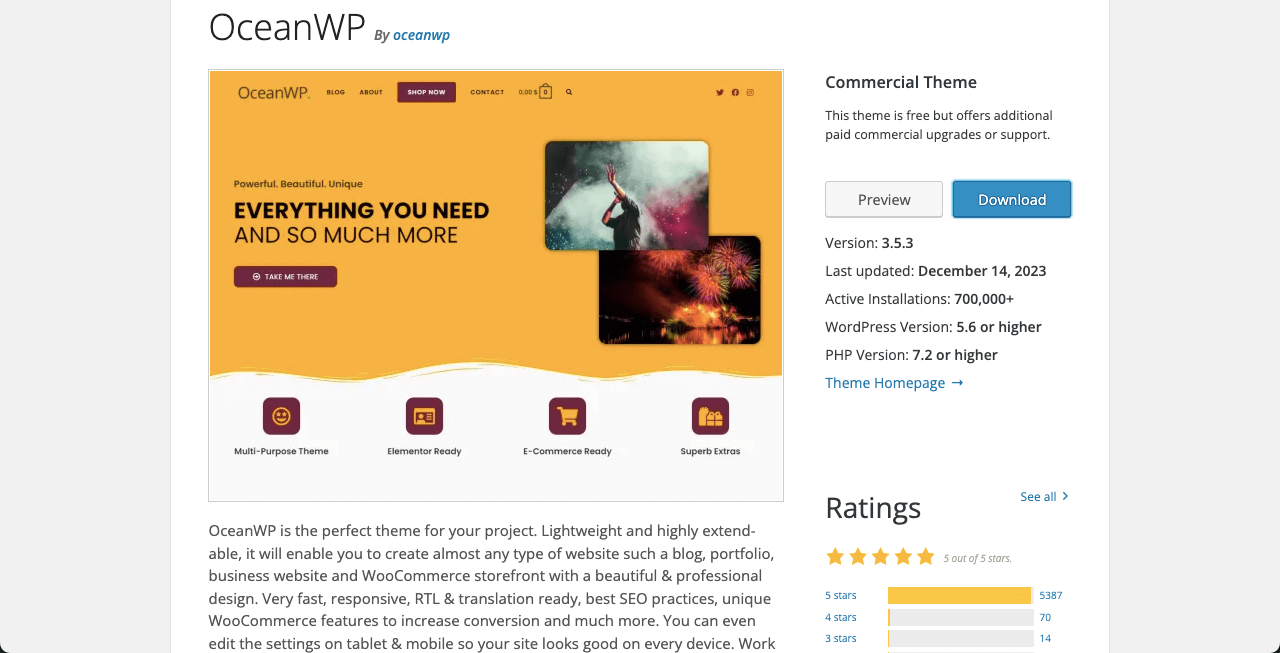 Cele mai bune 10 teme Elementor WooCommerce cu comparația 8 OceanWP theme for Elementor and WooCommerce