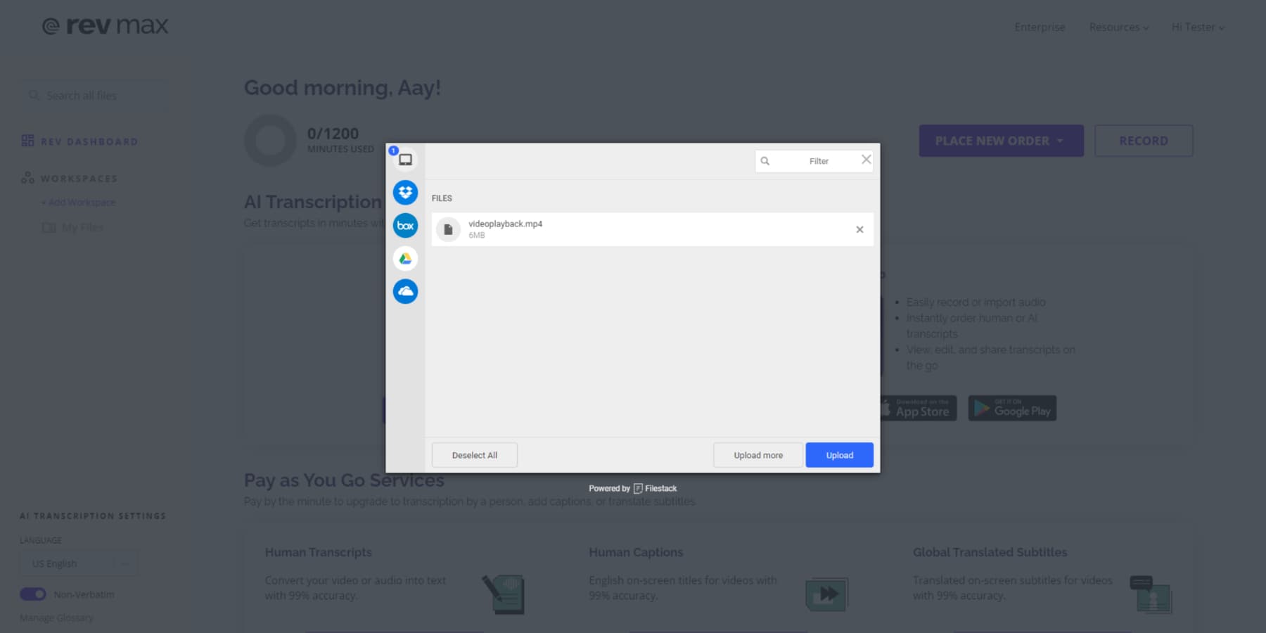 Rev のアップローダーの一部のスクリーンショット