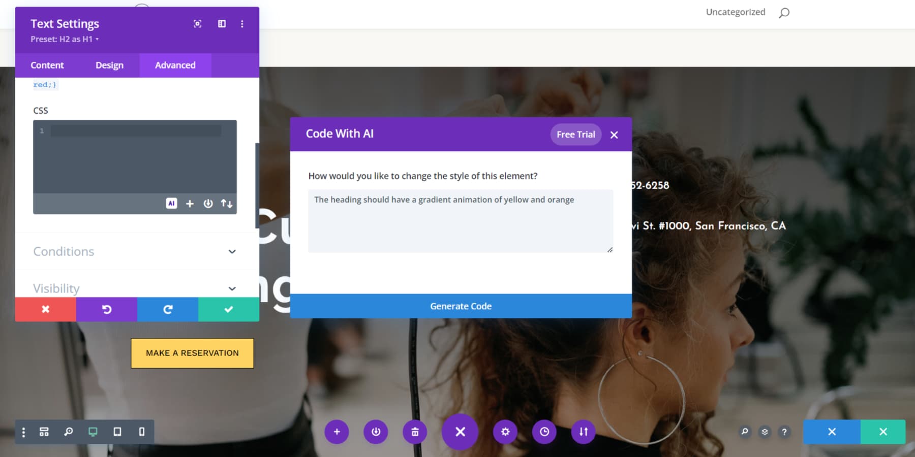 Divi AI コード エディターを使用してカスタム スタイル用のカスタム コードを生成する方法のスクリーンショット