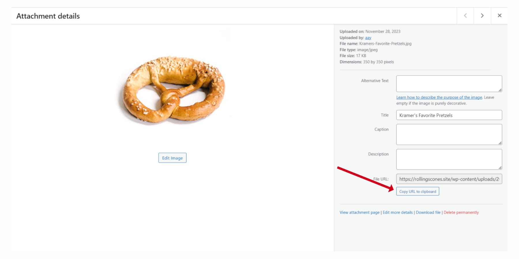 WordPres のメディア マネージャーから画像 URL をコピーする方法のスクリーンショット