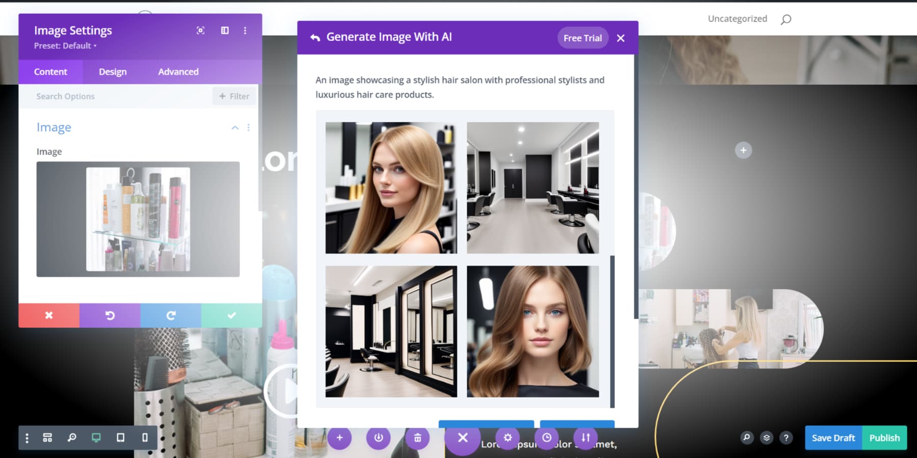提供されたプロンプトに従って画像を生成する Divi AI の使用方法のスクリーンショット