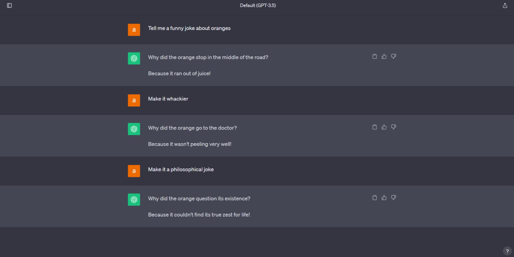 オレンジにジョークを書くリクエストに対する ChatGPT の応答のスクリーンショット