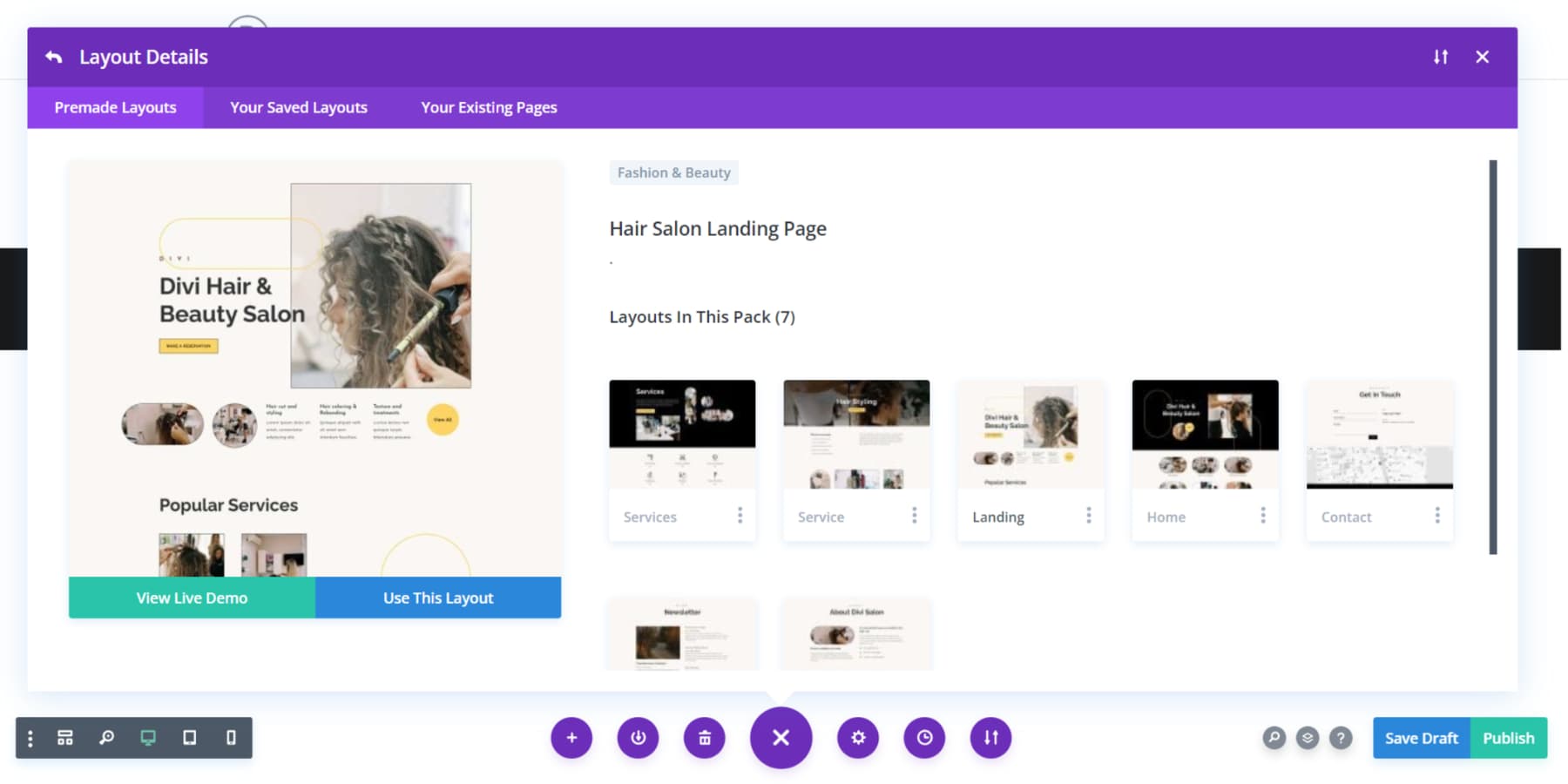 Divi エディター内で事前に作成されたレイアウトを見つけて使用する方法のスクリーンショット