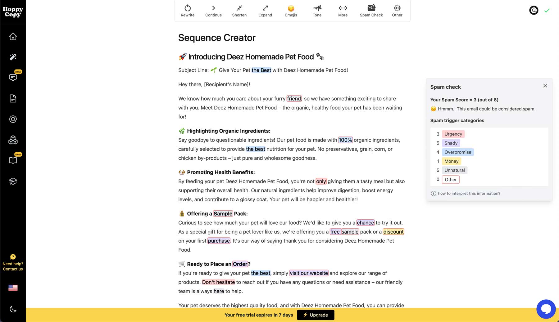 Resultados da verificação de spam do Hoppy Copy