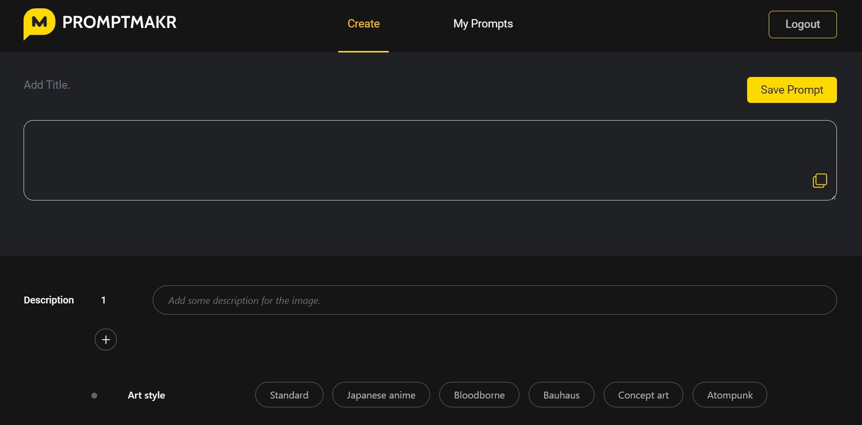 Interfaccia del generatore di prompt Promptmakr