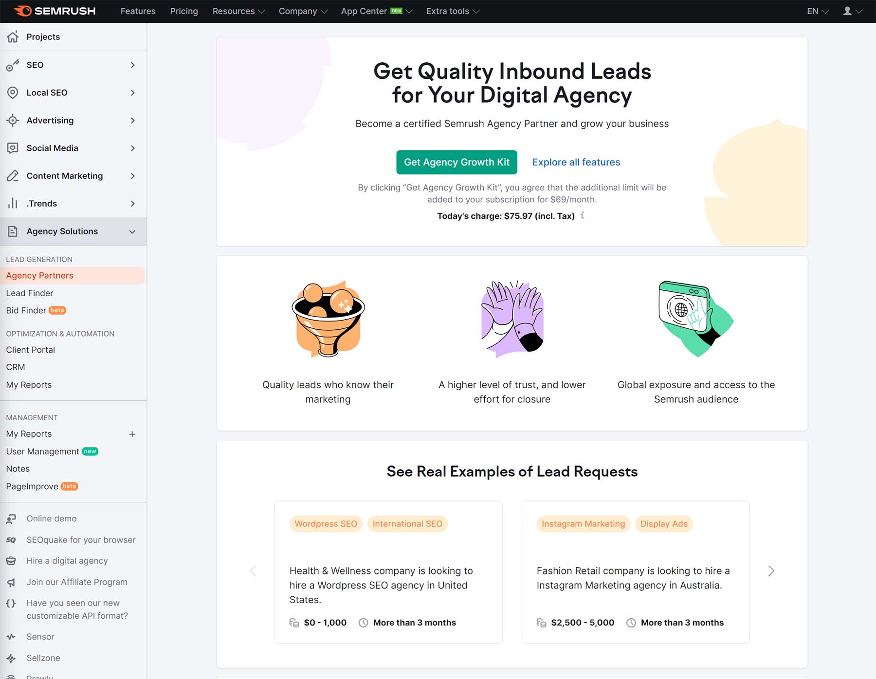 screenshot delle soluzioni per agenzie di semrush