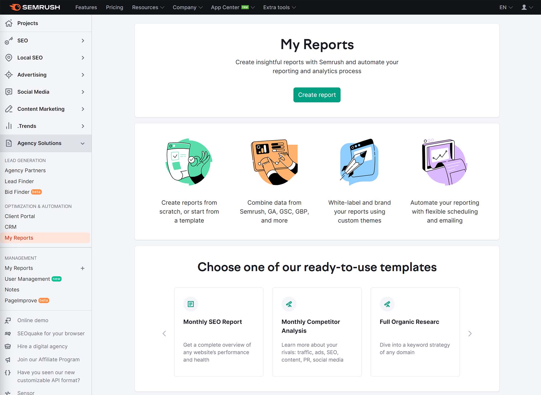 screenshot dell'area dei miei rapporti di semrush