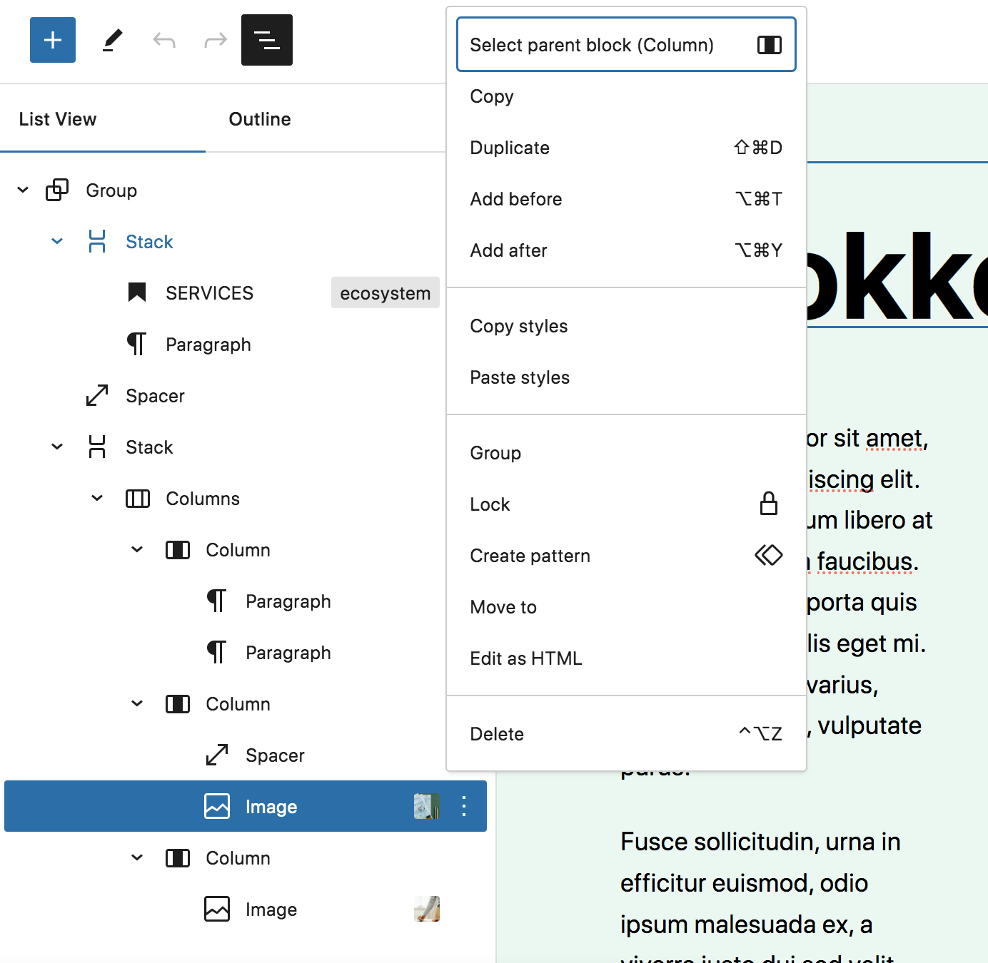 wybór bloku nadrzędnego w WordPress