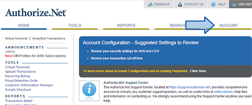 Authorize.net アカウントのダッシュボード