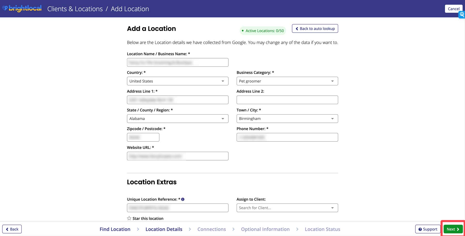 Agregar ubicación a Brightlocal
