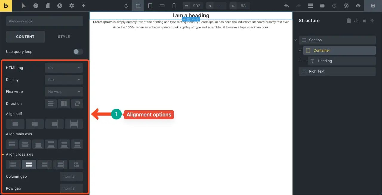 Flexbox controls and alignment options in Bricks Builder