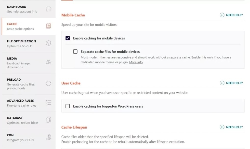 Opción de almacenamiento en caché móvil de WP Rocket