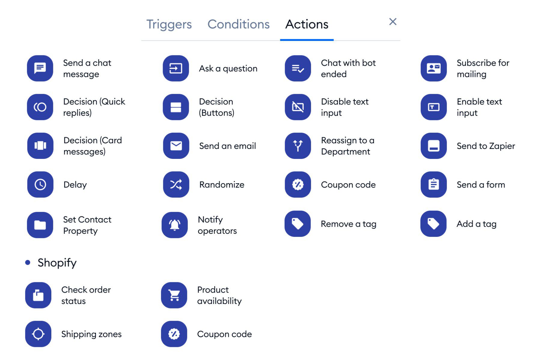 Acciones del chatbot de Tidio