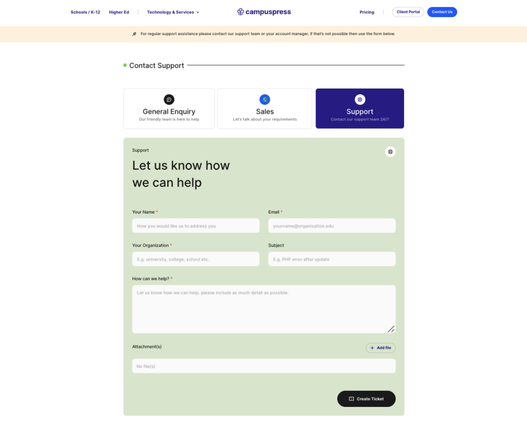 نظرة على صفحة دعم CampuPress