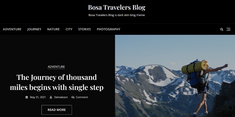 Ponad 13 najlepszych motywów i szablonów stron internetowych firm zajmujących się wycieczkami i podróżami 2024 2 Bosa Travelers Blog – Bosa Travelers Blog is dark skin blog theme