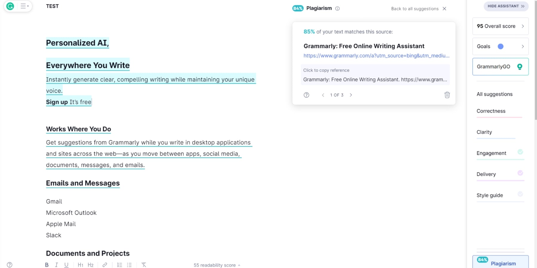 Zrzut ekranu narzędzia do sprawdzania plagiatu firmy Grammarly