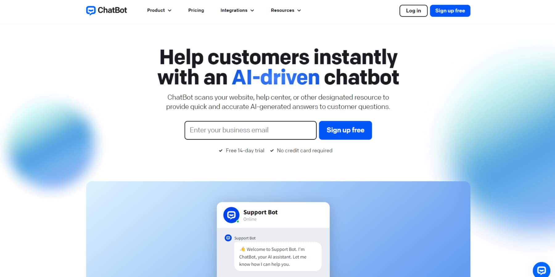 Una captura de pantalla de la página de inicio de Chatbot.com