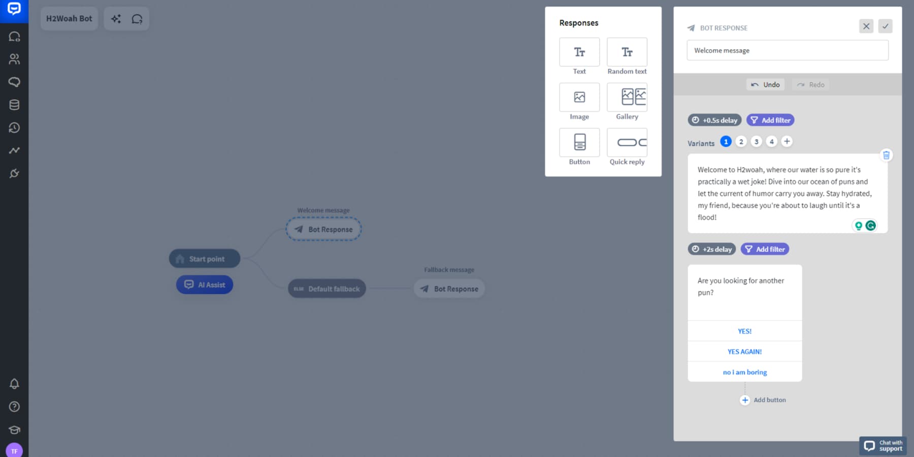 Una captura de pantalla de la creación de respuestas dinámicas con Chatbot.com