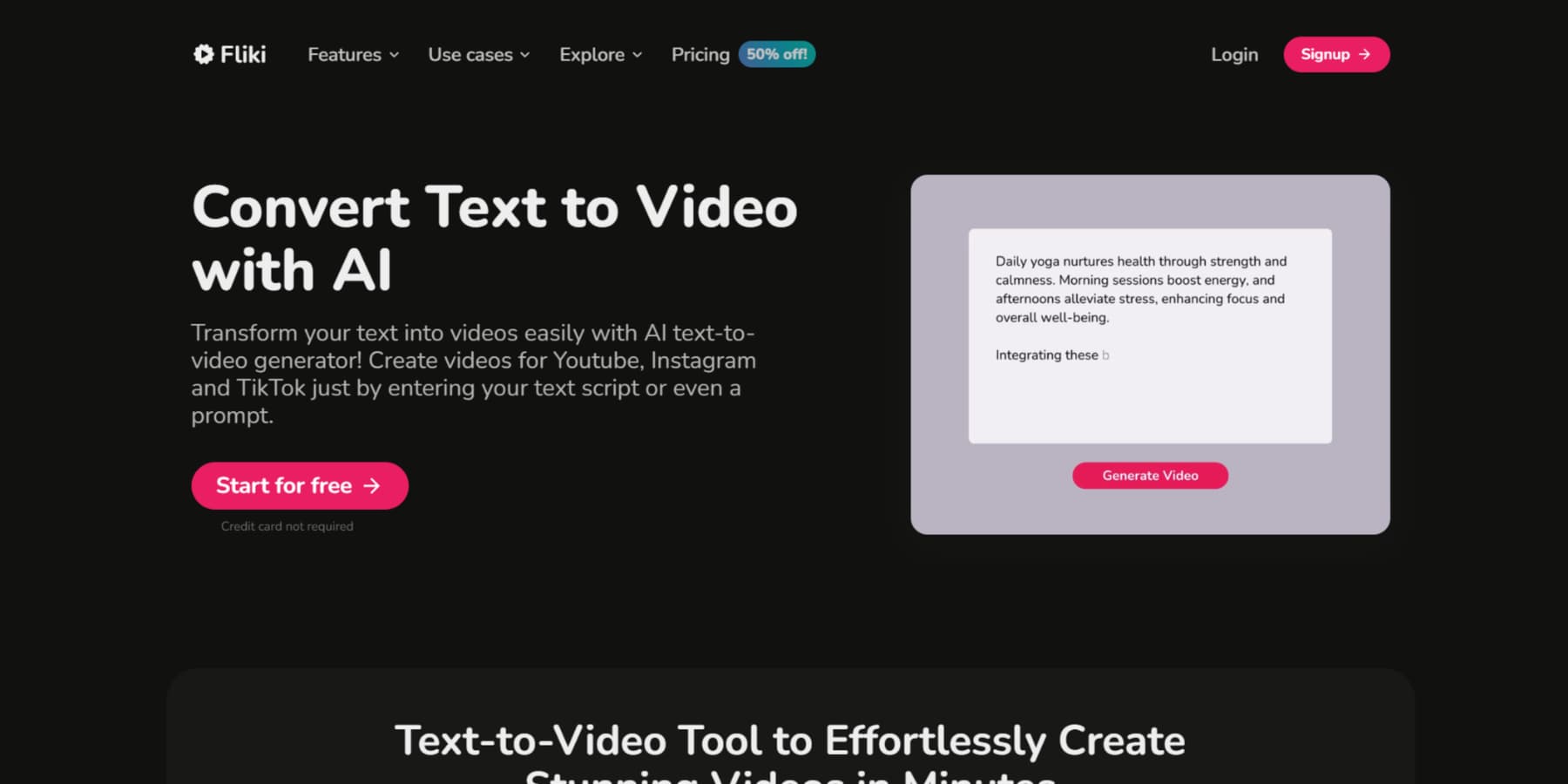 Zrzut ekranu strony głównej aplikacji Text to Video firmy Fliki AI