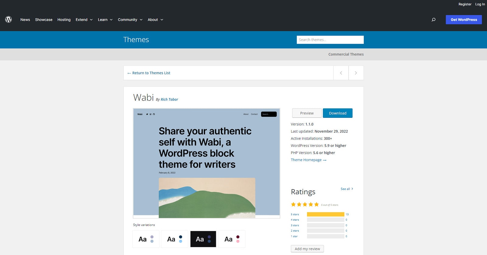 Wabi 的渲染，乾淨的 WordPress 區塊主題之一。