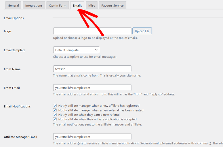 Ustawienia poczty e-mail AffiliateWP