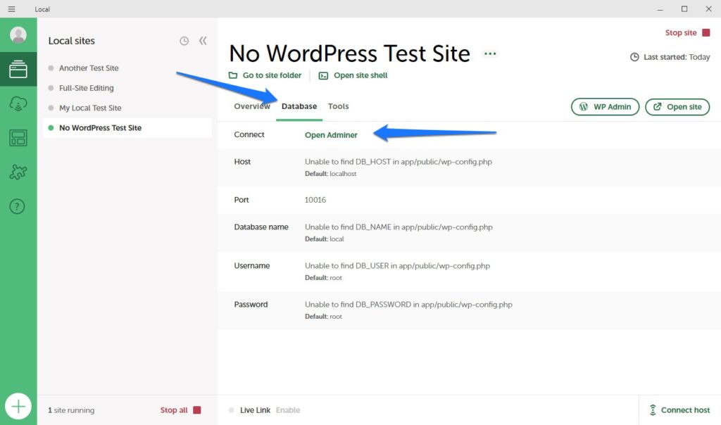 otwórz administratora z menu lokalnej bazy danych