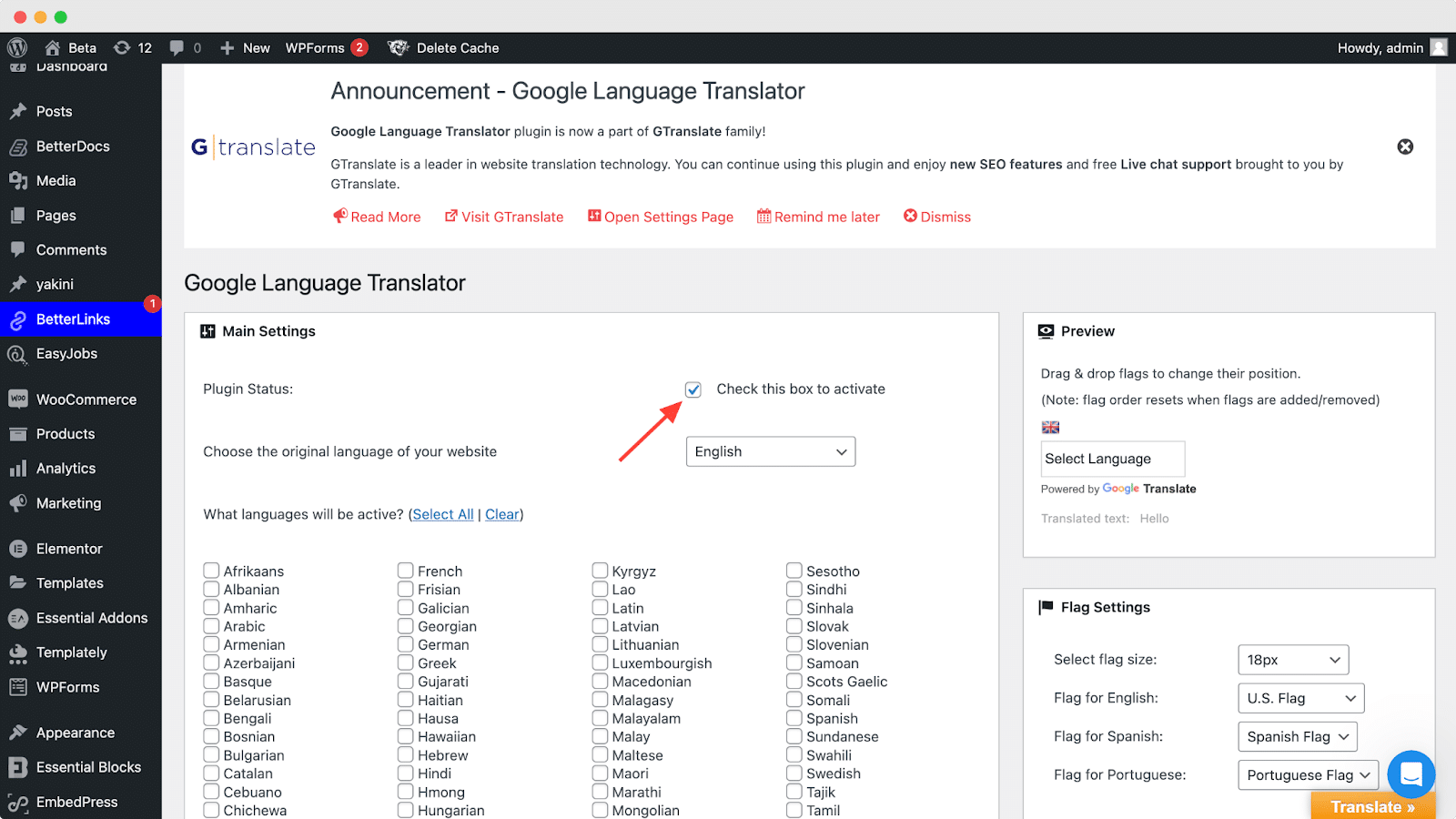 谷歌翻译到 WordPress Google Translate To WordPress