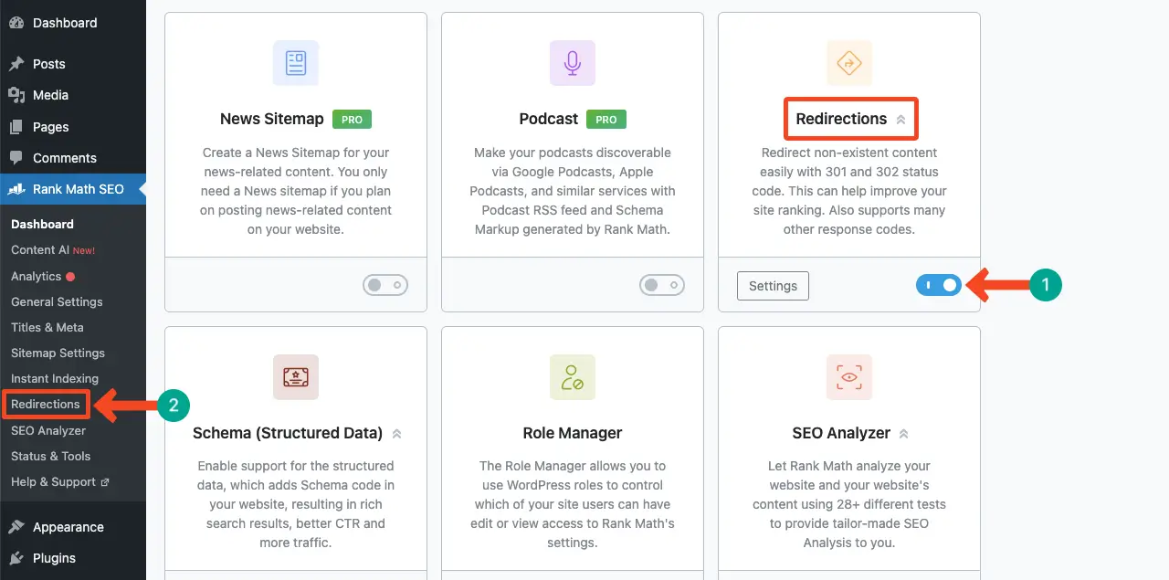 Cum să redirecționați un domeniu vechi către un domeniu nou după clonare și migrare 9 Enable redirections in Rank Math SEO