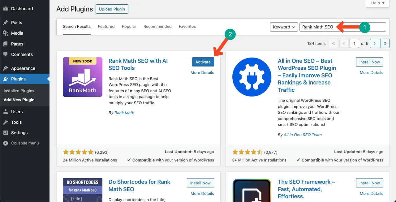 Cum să redirecționați un domeniu vechi către un domeniu nou după clonare și migrare 8 Install and activate the Rank Math SEO plugin