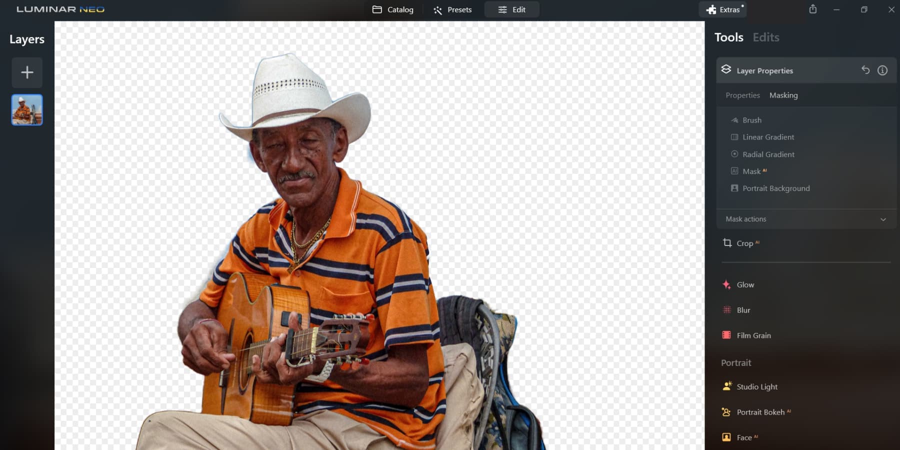 Une capture d'écran de la fonction de masquage AI de Luminar Neo supprime l'arrière-plan d'une image