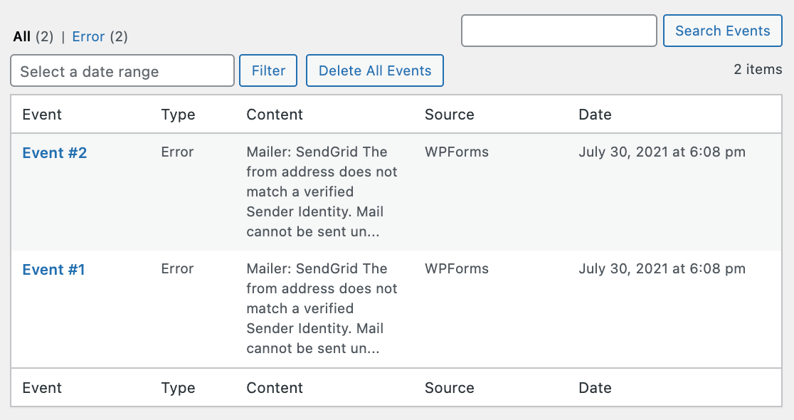 Debug Events Table