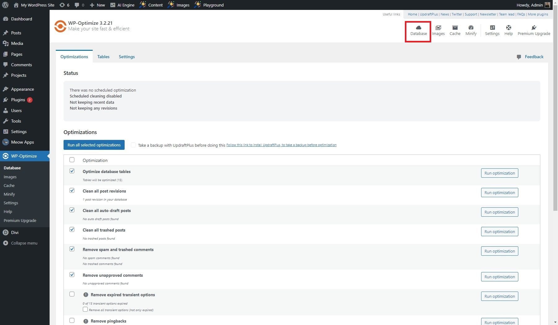 wp optimize veritabanı